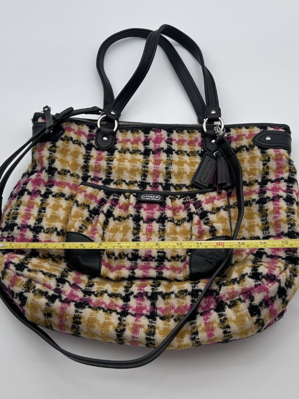 Coach Ashley Plaid Wool Carryall Satchel Bag Pink Yellow Houndstooth 14845 - Picture 12 of 13
